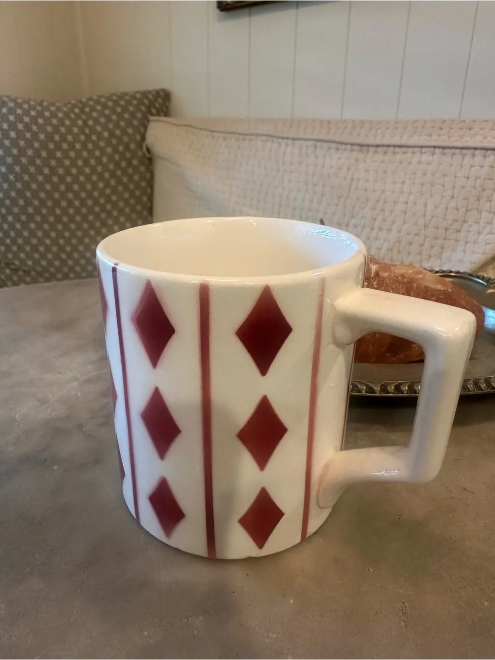 Vintage Hand painted Ceramic Mug with Red Diamond Pattern